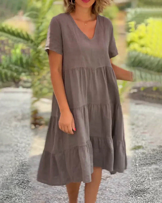 Angela - Baumwoll-Leinen-Kleid mit V-Ausschnitt