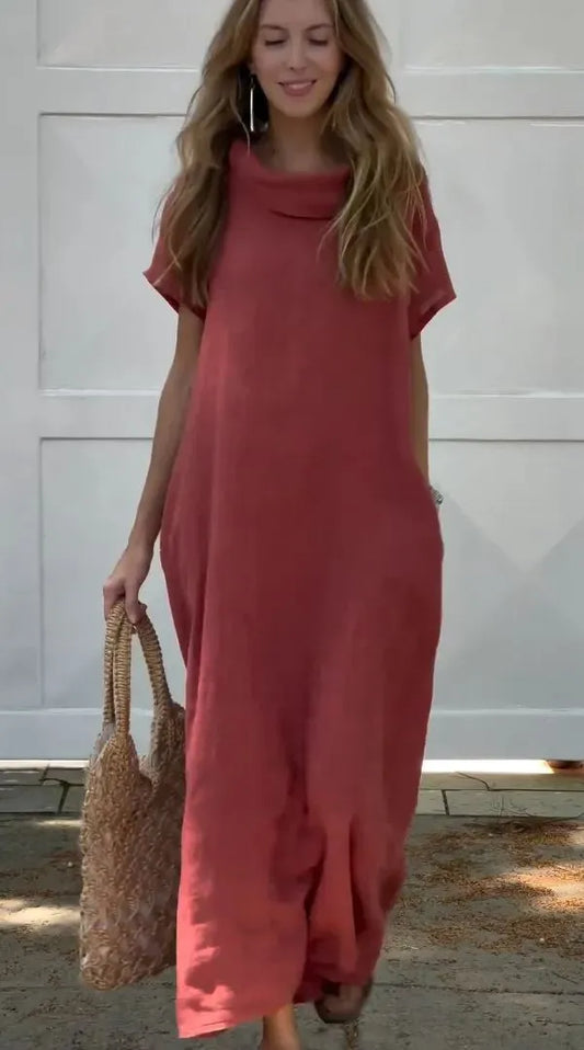 Andrea - Freizeitkleid aus Baumwolle und Leinen mit Tasche für Frauen